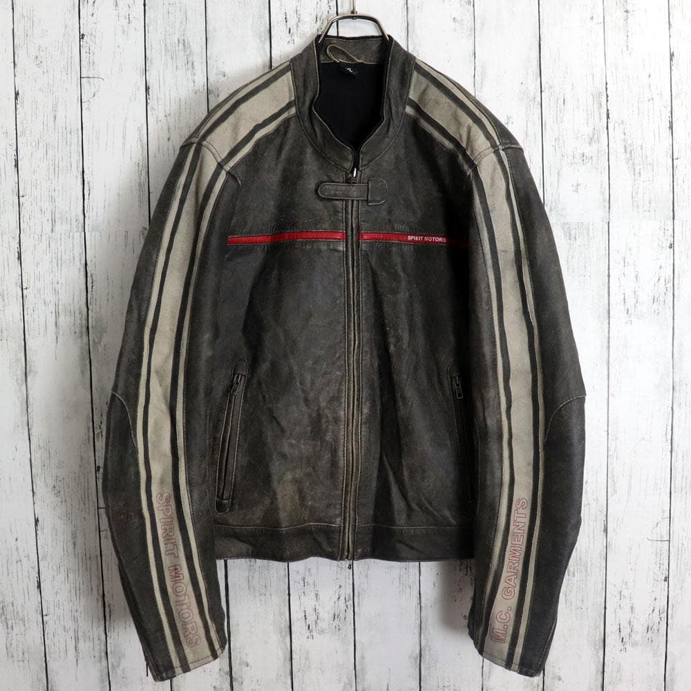 ユーロ古着 polo レーシングライダースジャケット アームロゴ バック刺繍本革