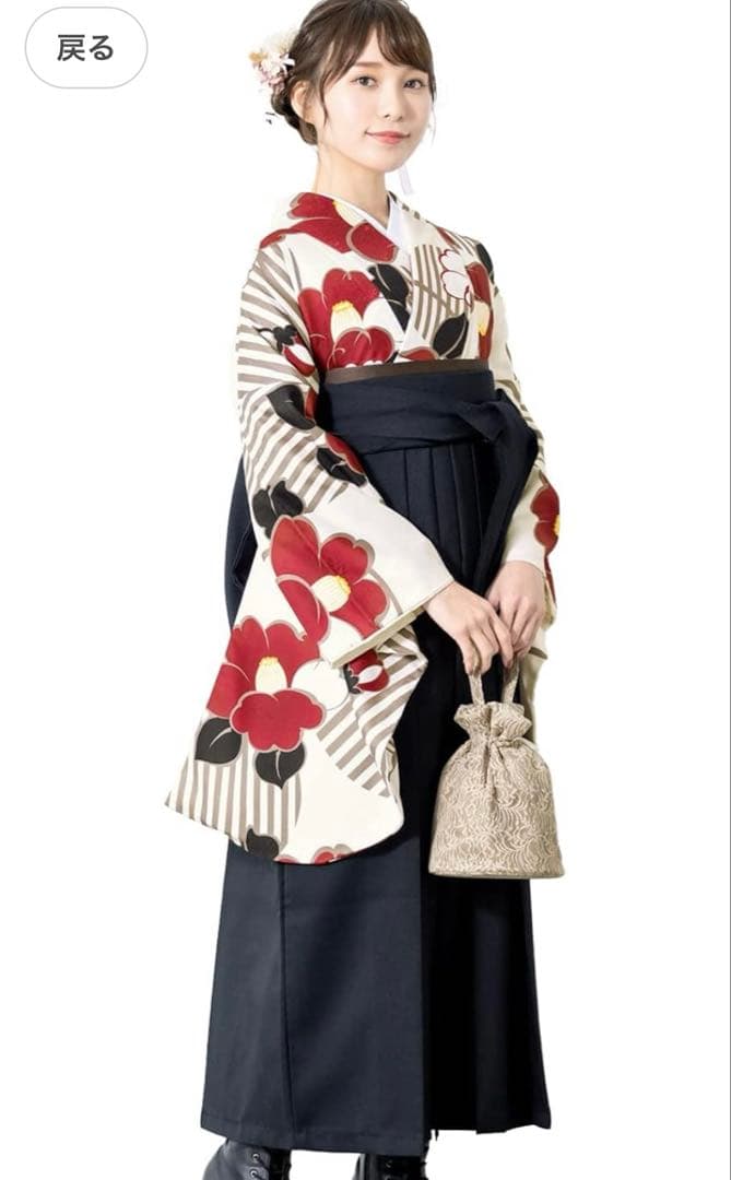 SOUBIEN袴4点（二尺袖着物/無地袴/襦袢/下帯） Ｌ　2尺5寸