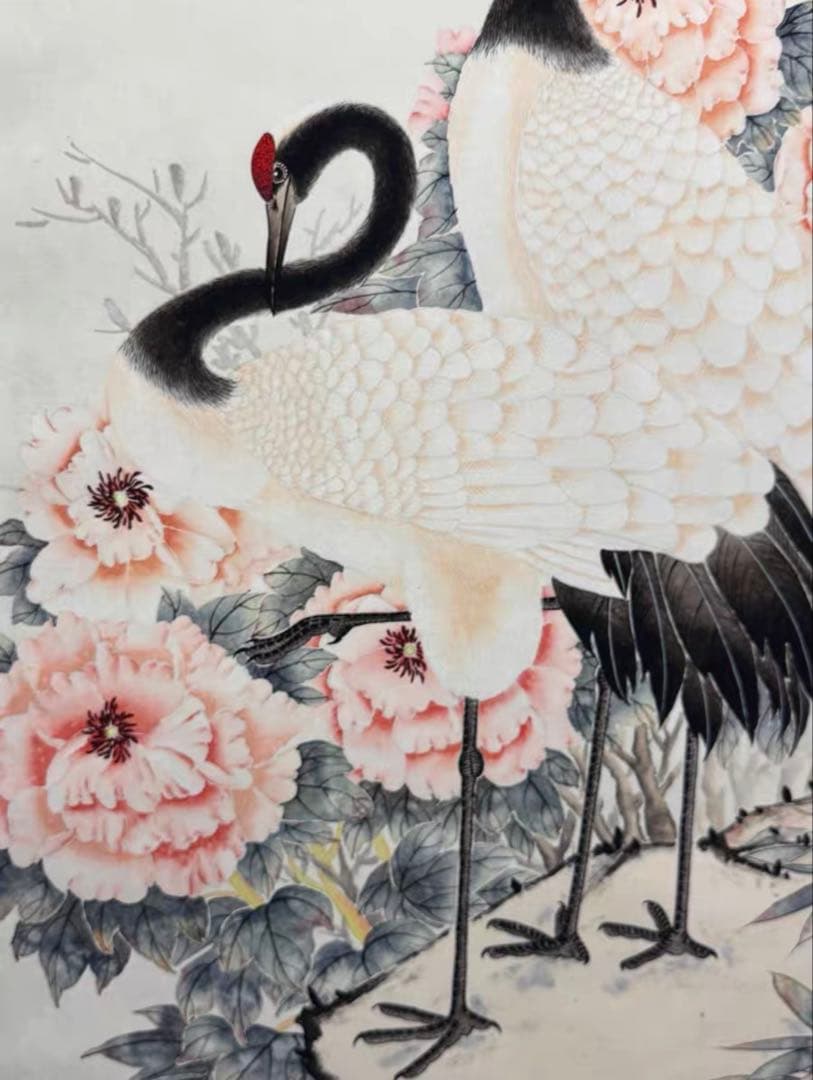 【12月限定価格】水墨画 沈銓《牡丹双鶴》大四尺 中堂画｜掛け軸・実物撮影