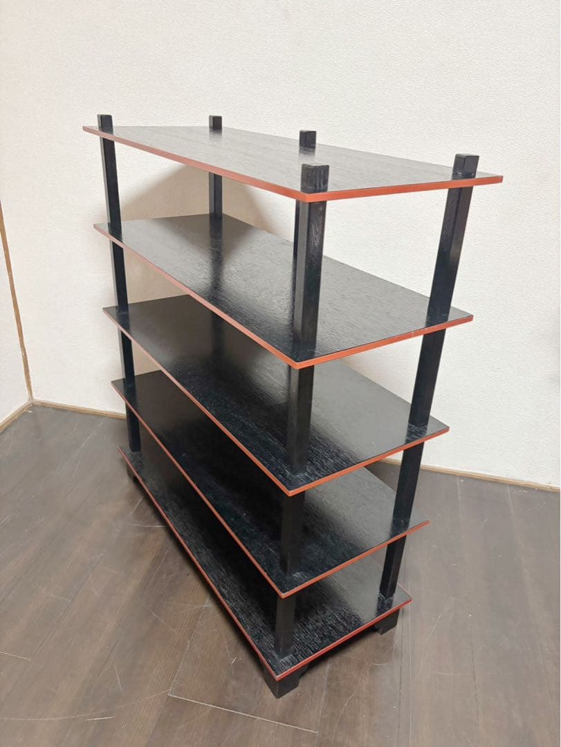 美品 懐石道具 五段 配膳棚 組立式 柿合塗 引出し付 木製爪紅 収納家具茶器