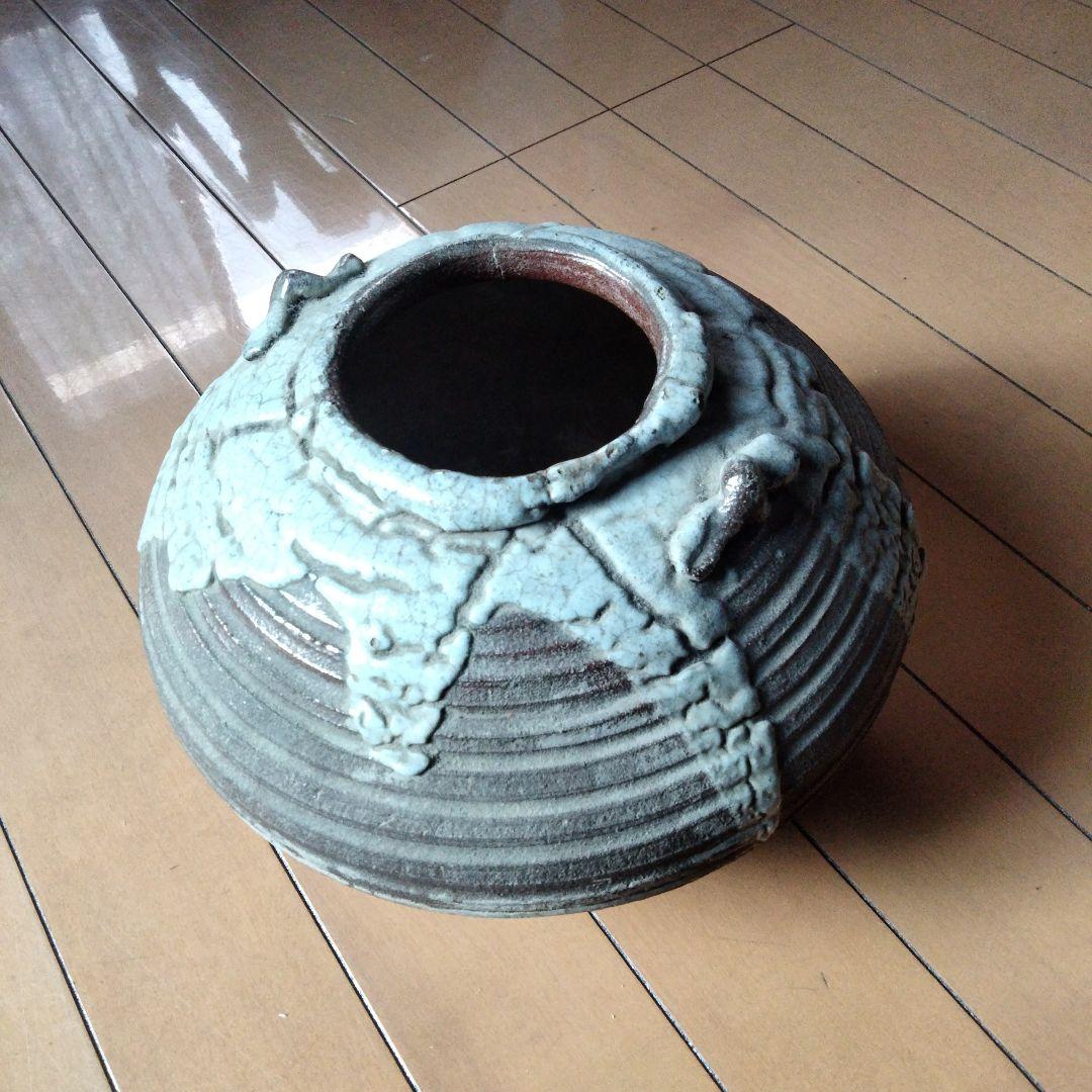 陶器の広口器 茶色と白の釉薬