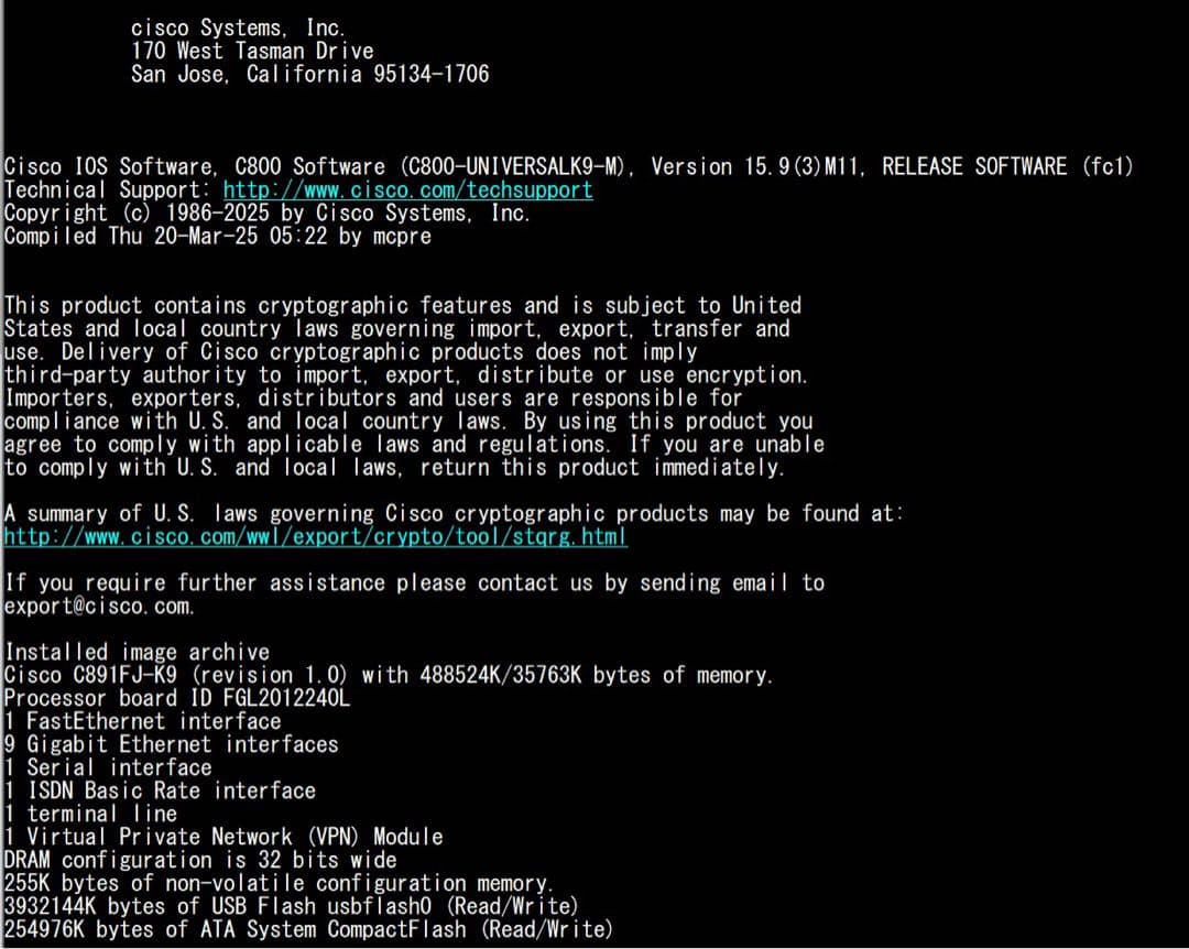 ■最新 IOS15.9(2025)■Cisco C891FJ-K9 C891F