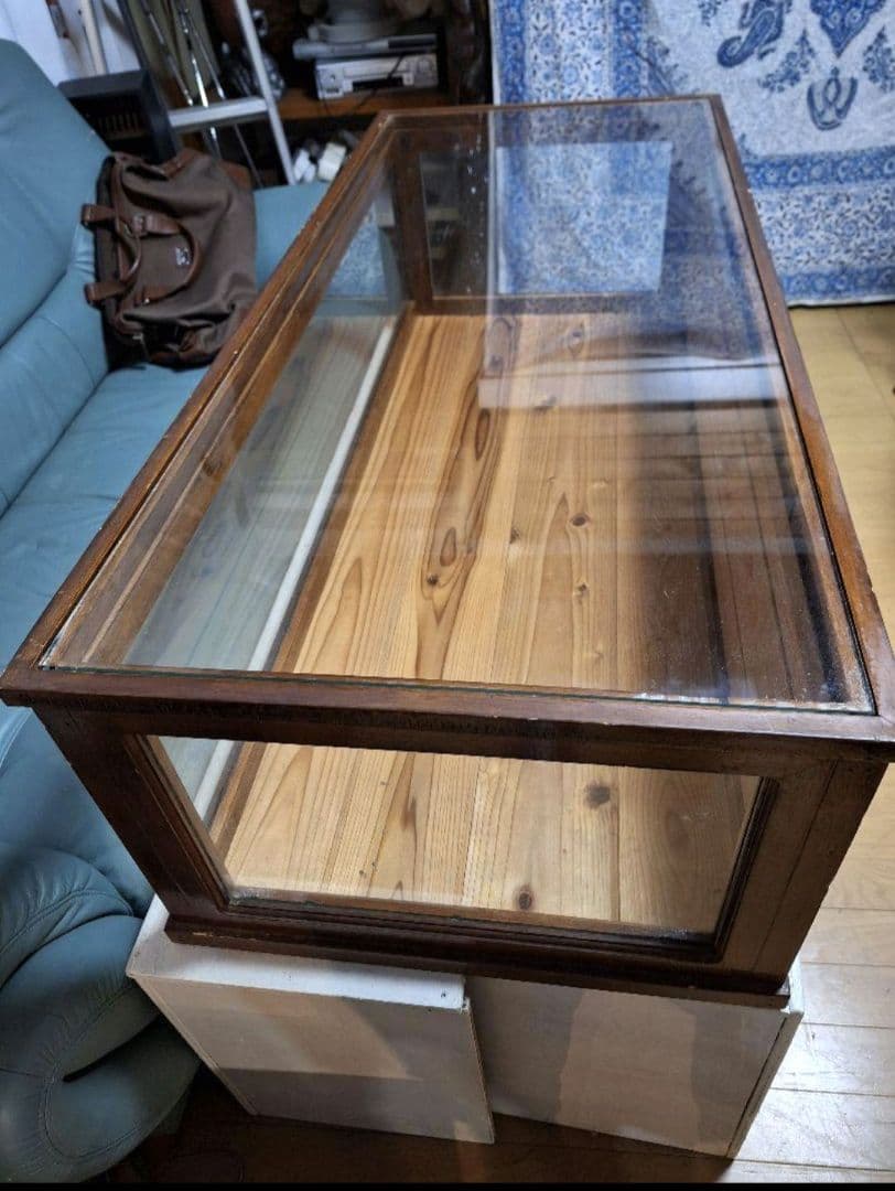 古い木枠の卓上ガラスケース　食器棚　キッチン収納　古家具　古道具
