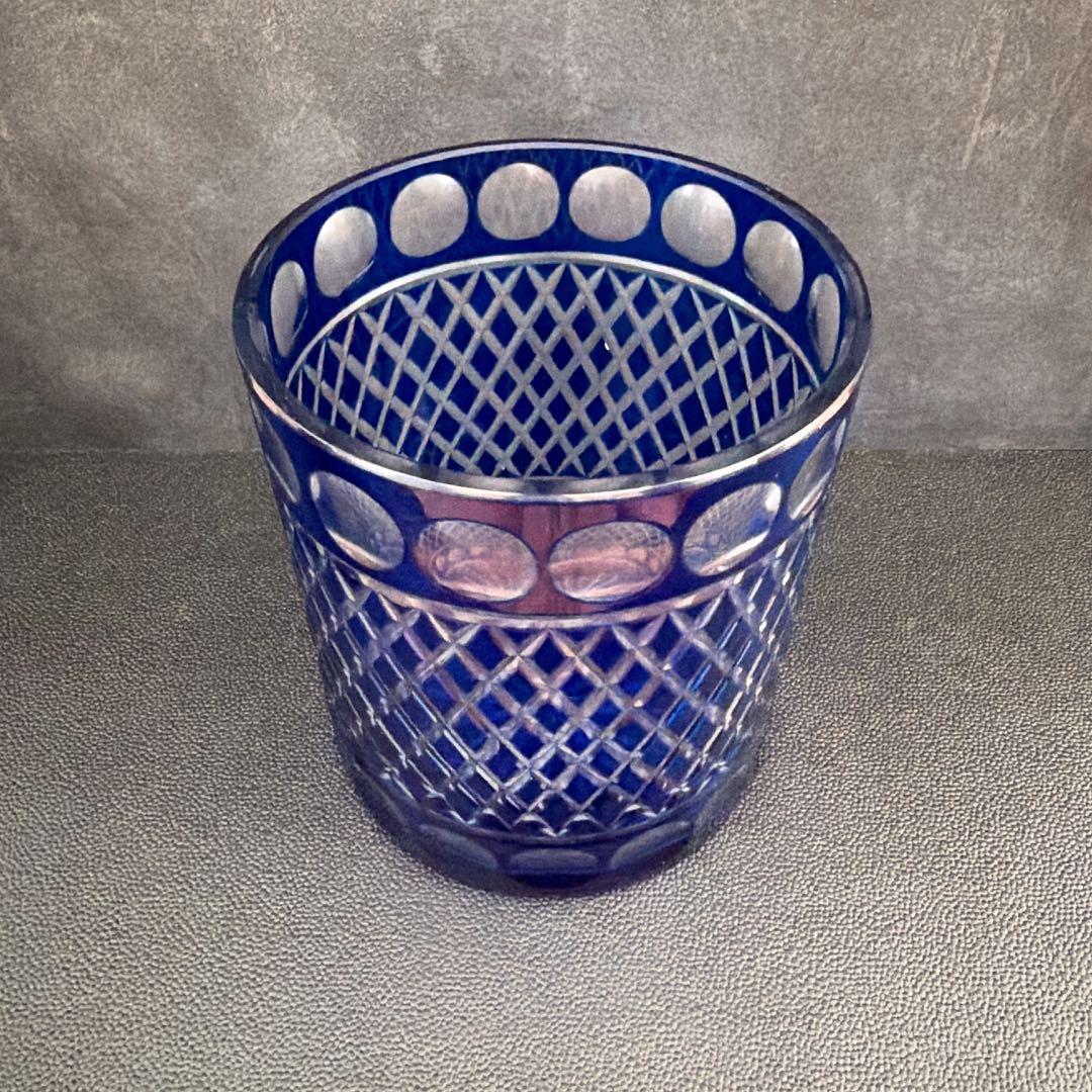 【美品】　江戸切子ガラス　瑠璃色 水指 / 茶道具 ふた、共箱付き　水差し