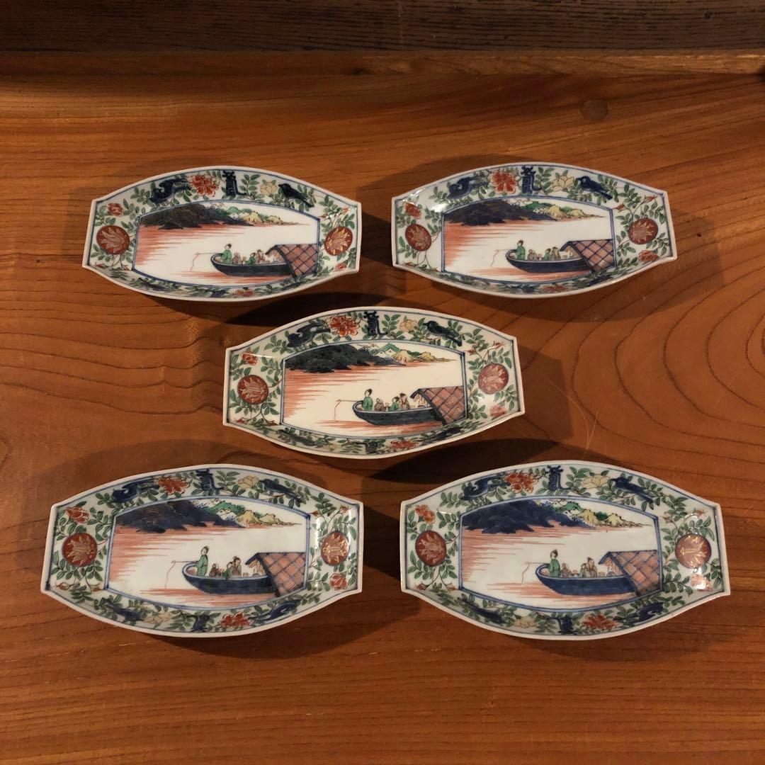 上手の古伊万里色絵舟形皿5客