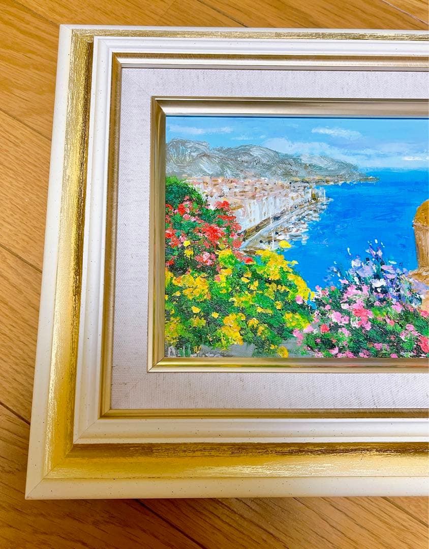 油彩画　生田明 「アマルフィ海岸」 油絵　額入り　風景画　真筆　肉筆画　手描き