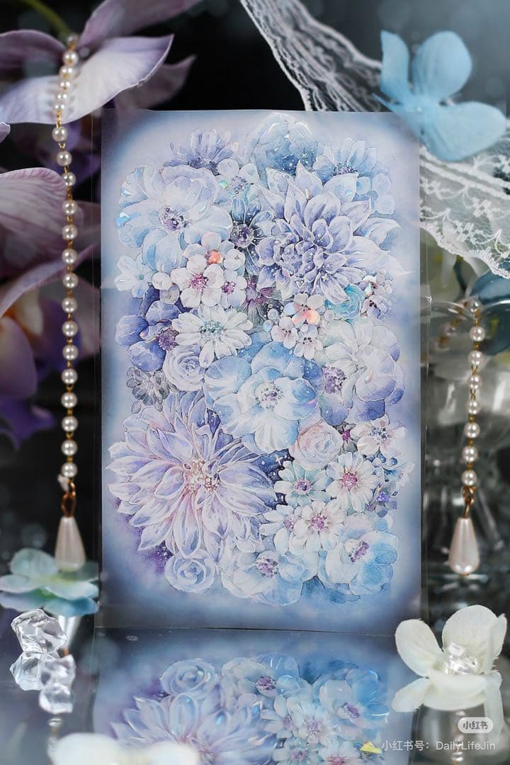 【9398】海外4/10m巻　貝殻光マスキングテープ　半透明　ブルー　お花背景系