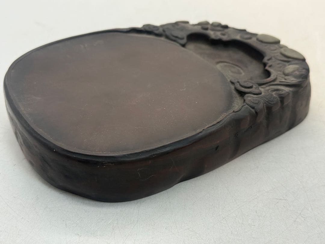 中国　端硯　水石硯　如意雲彫　詩紋刻　重さ約1.2kg 送料込み260106