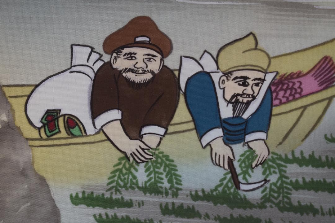 岩嶺/赤富士七福神図/祝事山水人物図/掛軸☆宝船☆Z-609