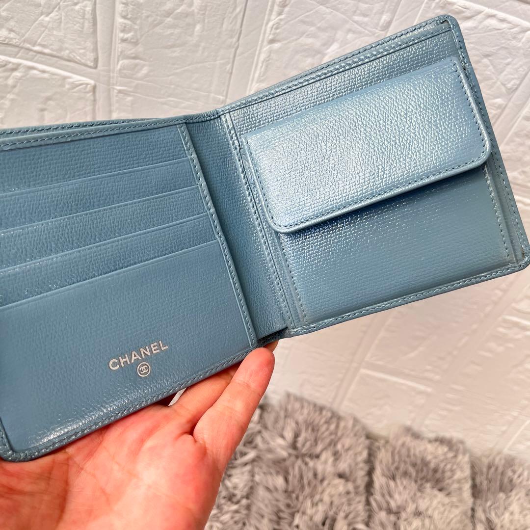 CHANEL 折り財布　ココマーク　ココボタン　水色　レディース