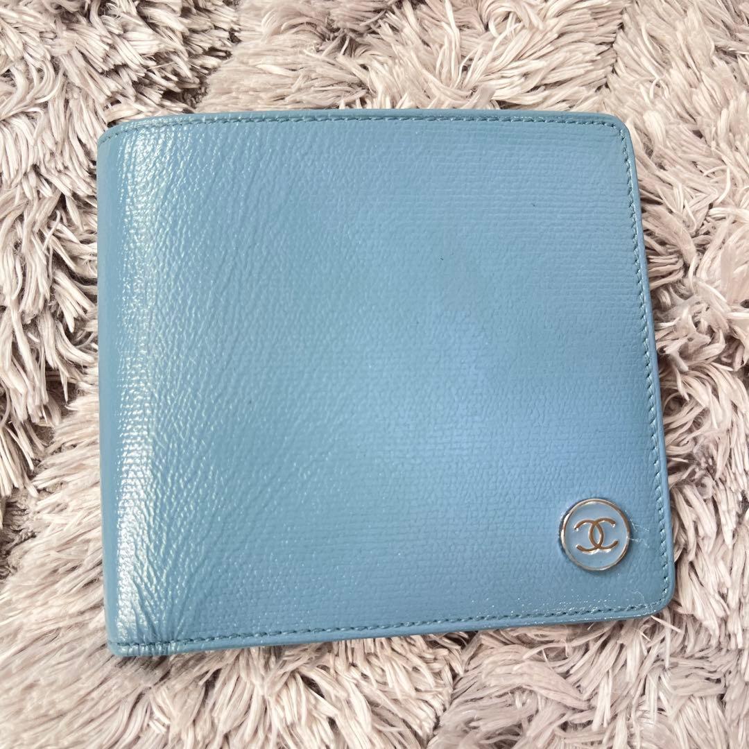 CHANEL 折り財布　ココマーク　ココボタン　水色　レディース