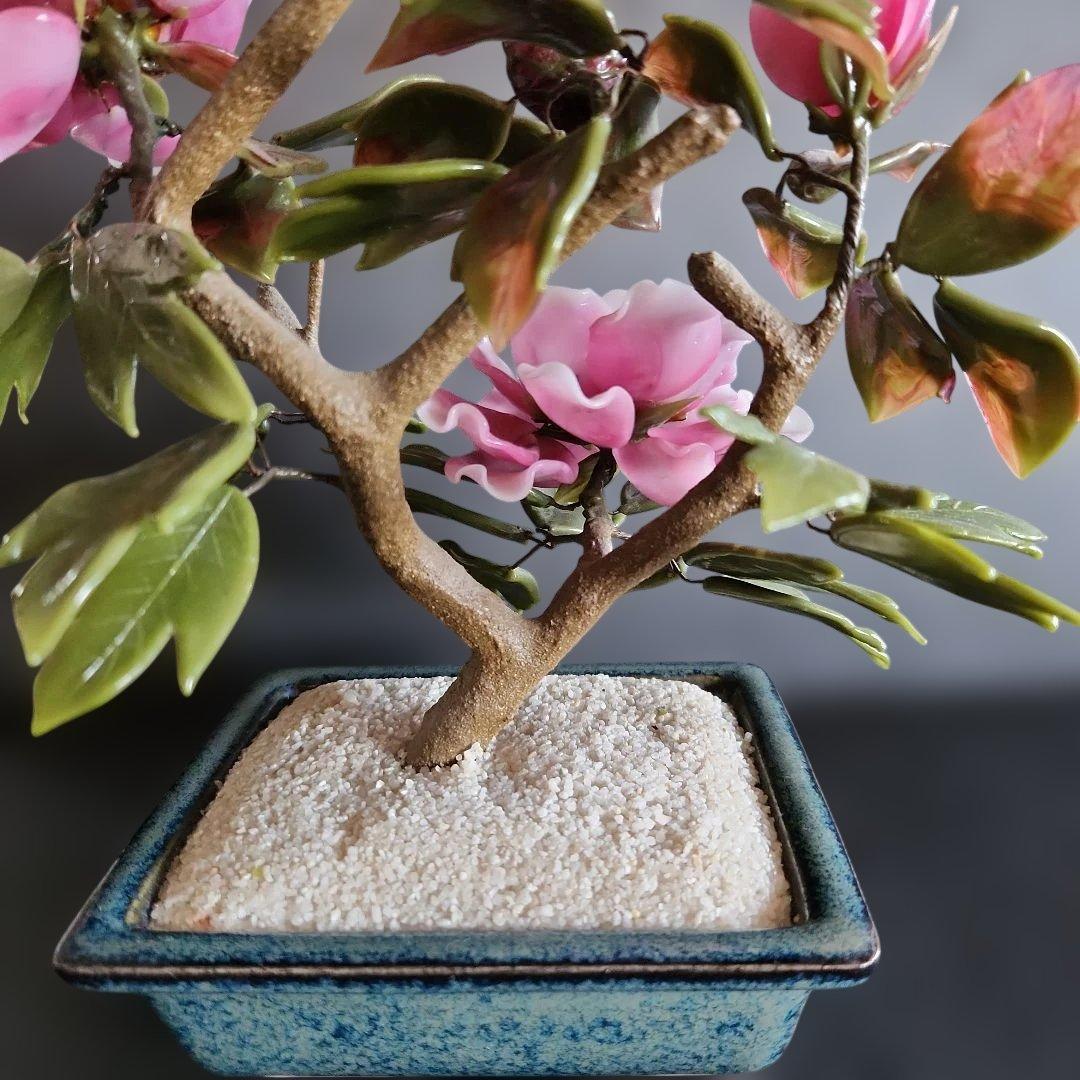 ガラス細工手作り牡丹の盆栽仕立て置物