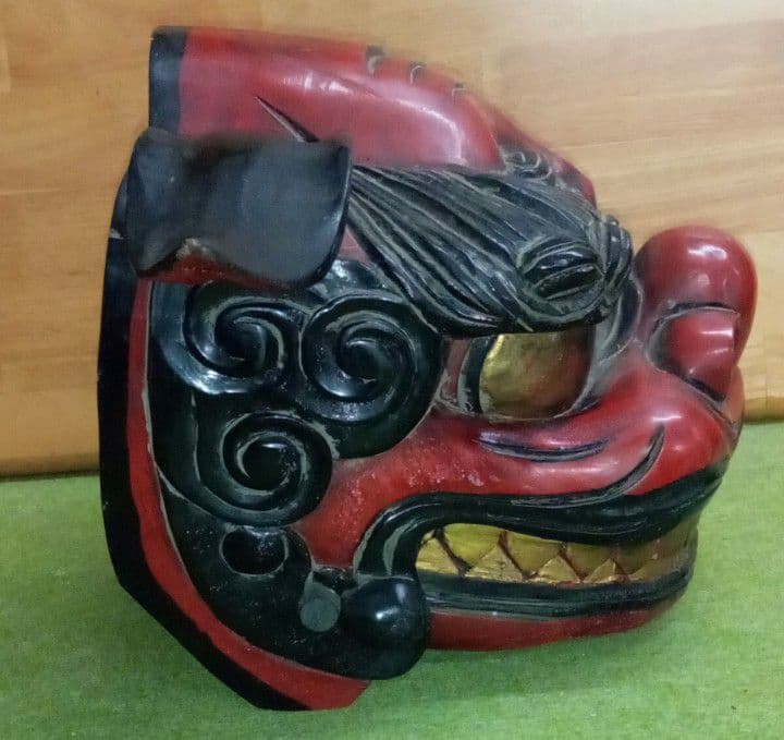 獅子頭 雄型 木製 木彫り 時代物 アンティーク 置物 縁起物