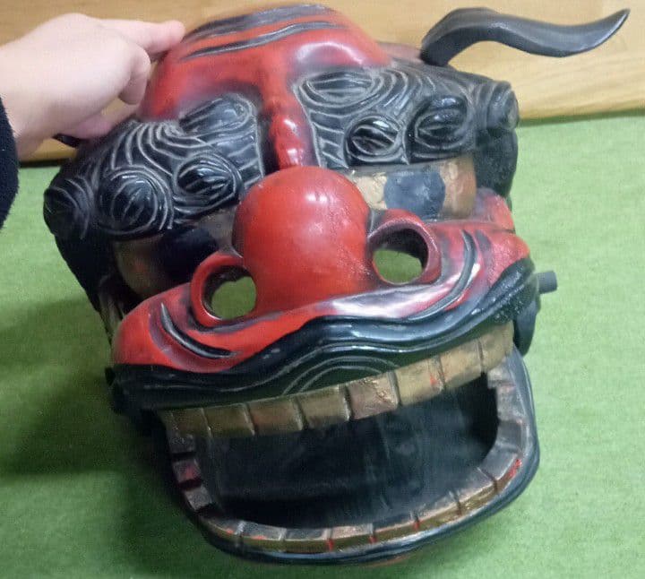 獅子頭 雄型 木製 木彫り 時代物 アンティーク 置物 縁起物