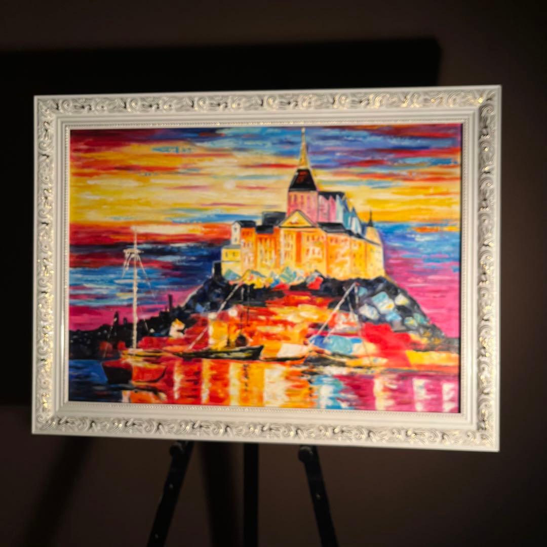 手書き油絵 モンサン・ミッシェル 額付 肉筆絵画 インテリア 油彩画