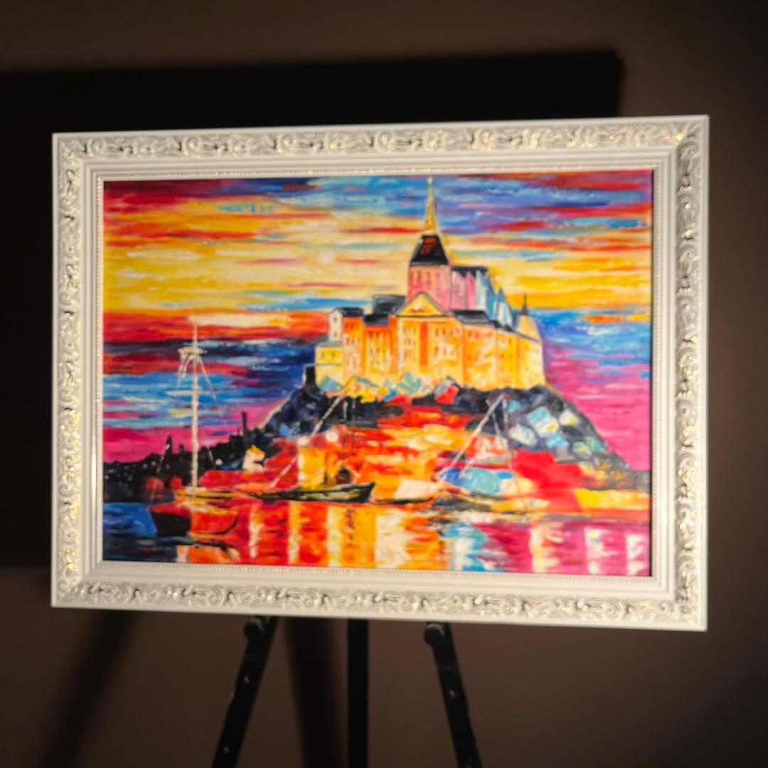 手書き油絵 モンサン・ミッシェル 額付 肉筆絵画 インテリア 油彩画