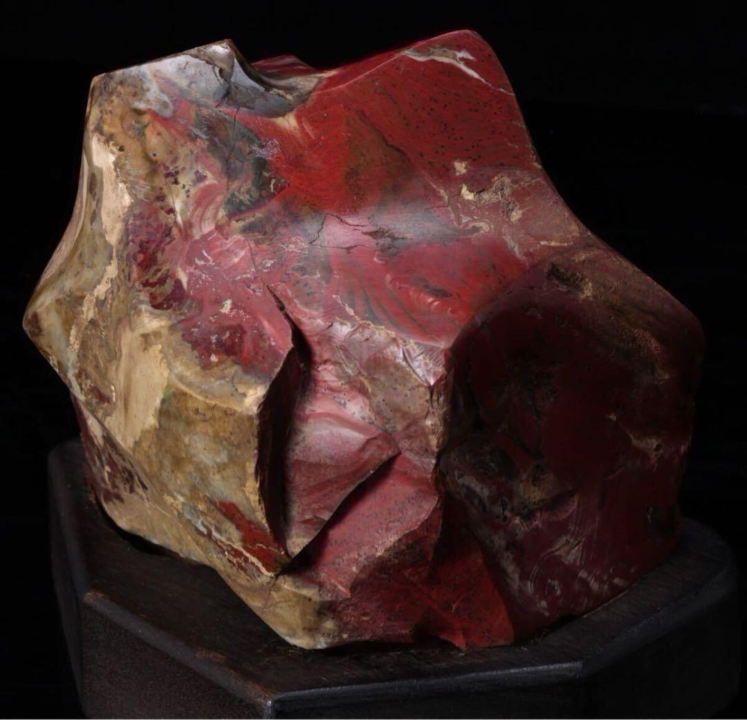 【希少・美石】佐渡 錦紅石 錦石 錦瑪瑙 赤玉石 ジャスパー 鑑賞石 台座付