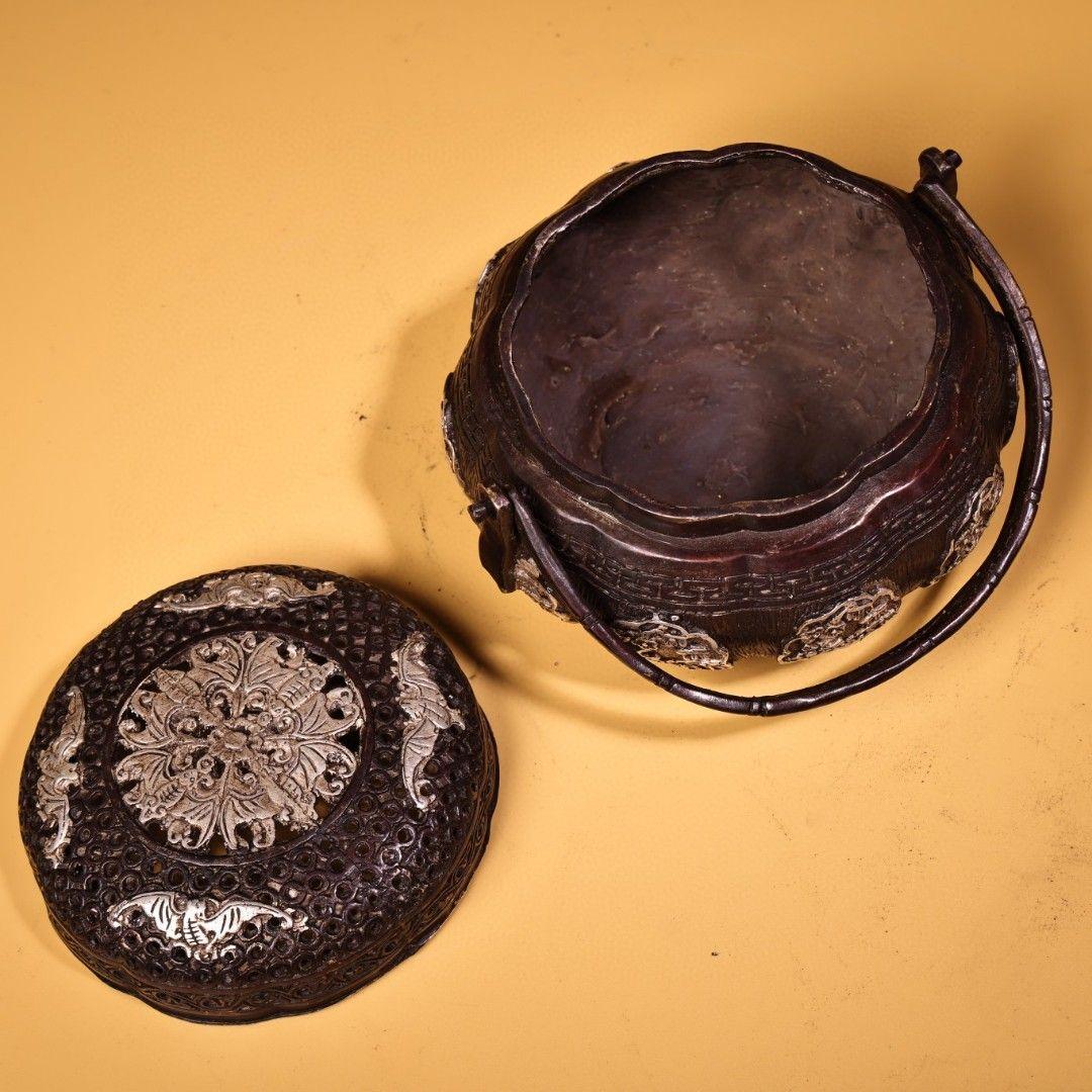 銅 細工 高浮彫鏨刻銀温手炉 香炉 提梁炉 香道具 装飾品 工芸品 置物