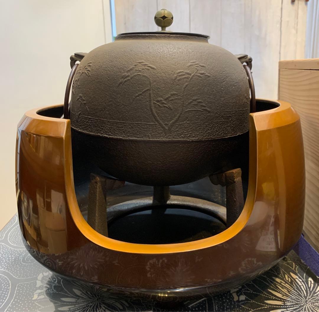 窯師辰敏作　浜松地紋　丸釜　面取風炉　風爐灰　爐用灰　底瓦　セット　茶道具