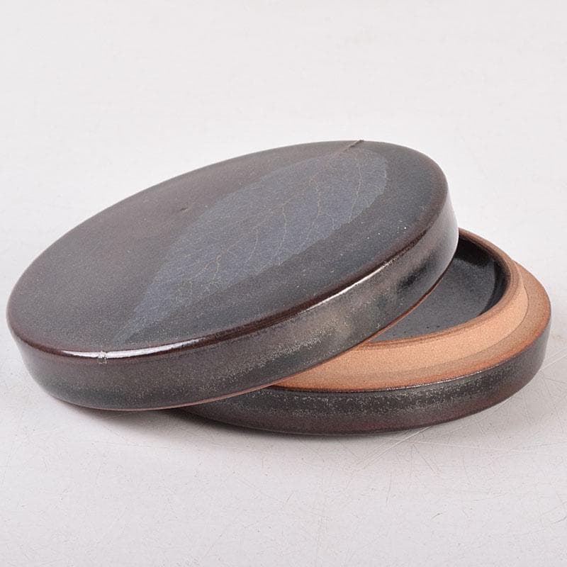 土渕善丕作　天目釉　木葉文　一文字香合　堀内宗完(兼中斎)極め箱　V　R9019