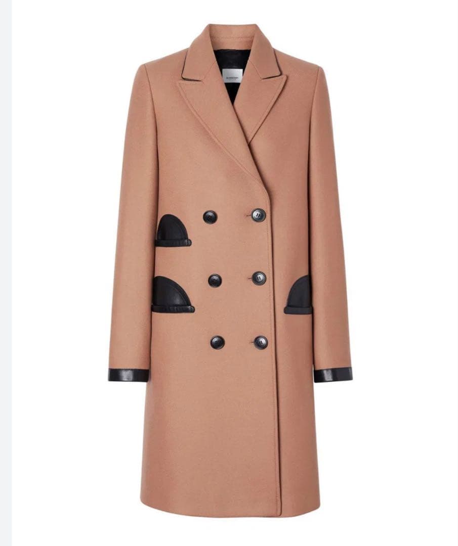 美品 BURBERRY ウールコート レザートリム キャメル UK4 カシミヤ混