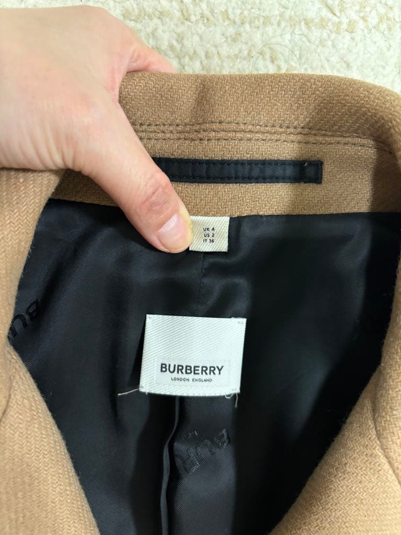 美品 BURBERRY ウールコート レザートリム キャメル UK4 カシミヤ混