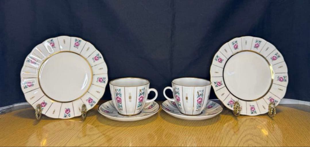 アンティーク　ソビエト　ロモノーソフ　ピンク花柄カップ＆ソーサーとケーキ皿　6点