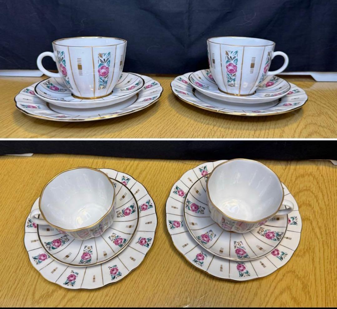 アンティーク　ソビエト　ロモノーソフ　ピンク花柄カップ＆ソーサーとケーキ皿　6点