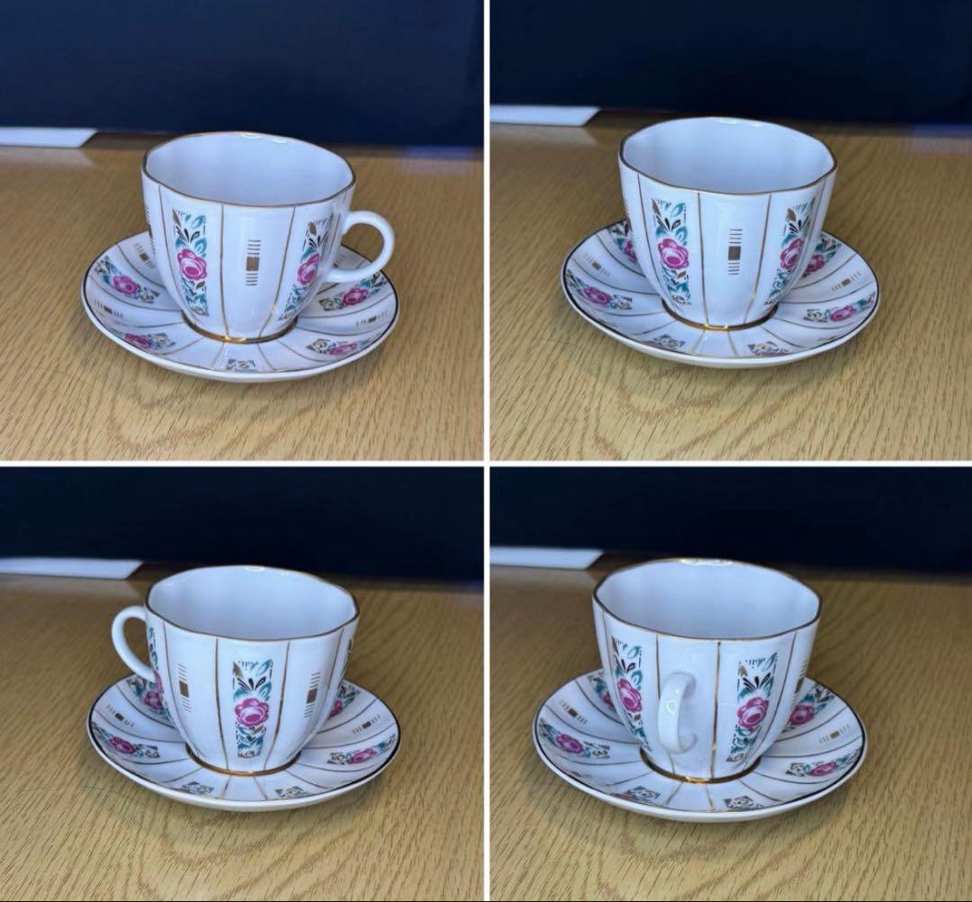 アンティーク　ソビエト　ロモノーソフ　ピンク花柄カップ＆ソーサーとケーキ皿　6点