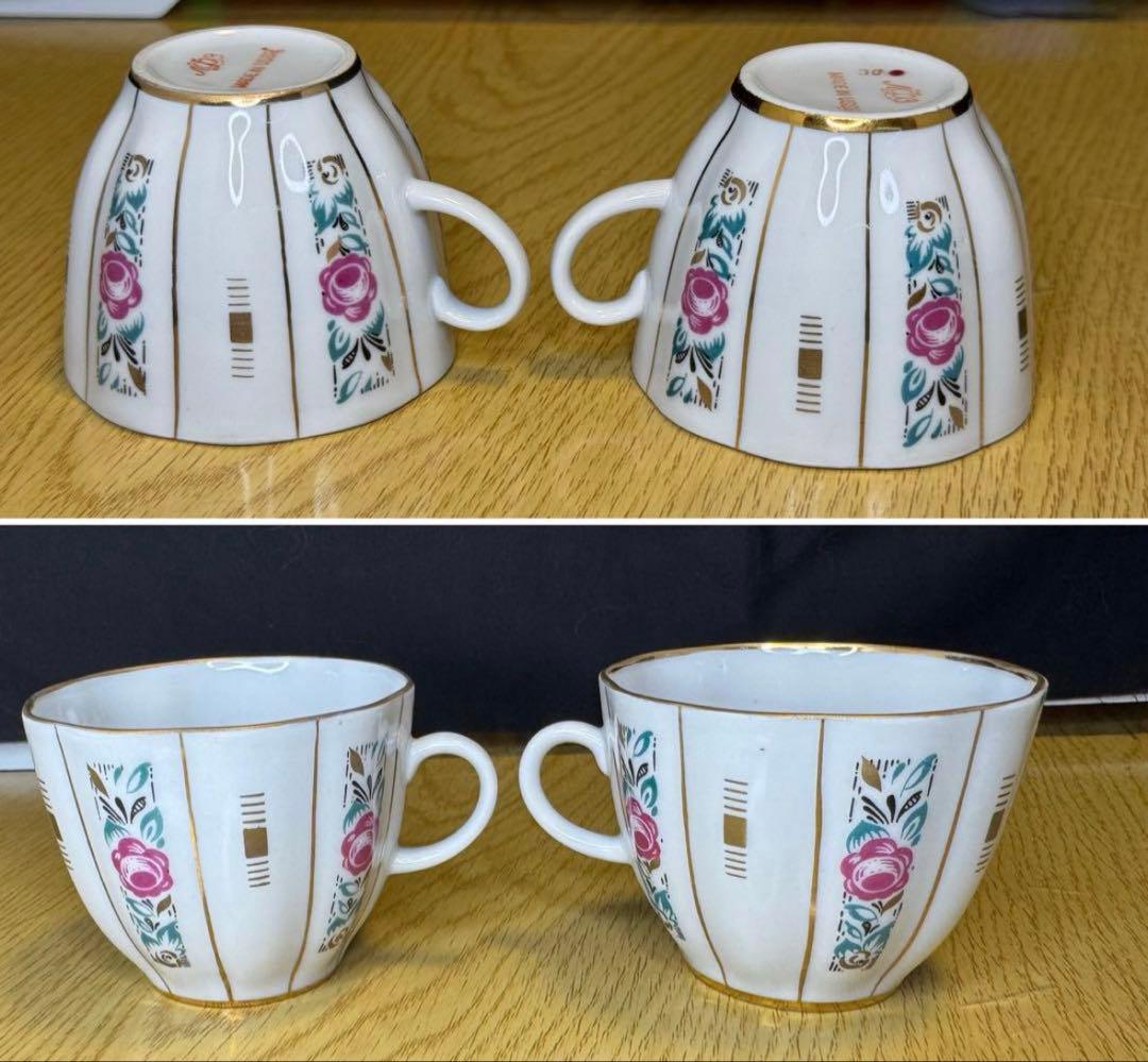 アンティーク　ソビエト　ロモノーソフ　ピンク花柄カップ＆ソーサーとケーキ皿　6点