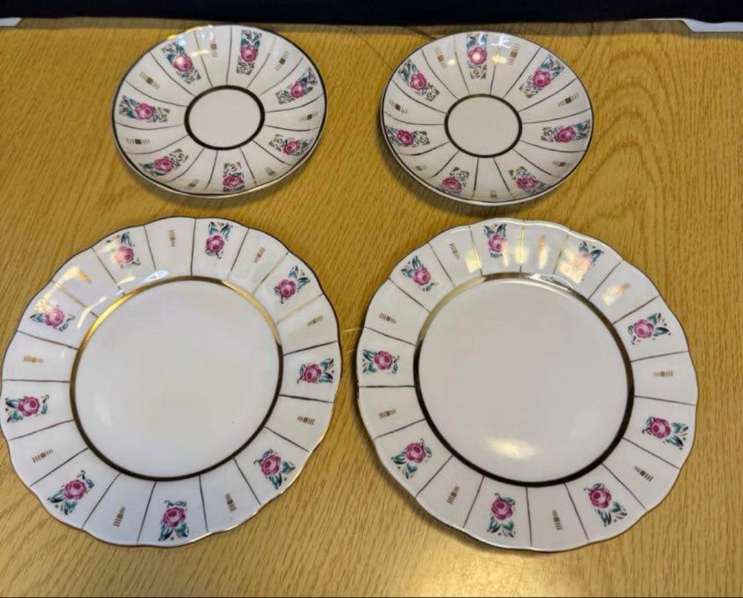 アンティーク　ソビエト　ロモノーソフ　ピンク花柄カップ＆ソーサーとケーキ皿　6点