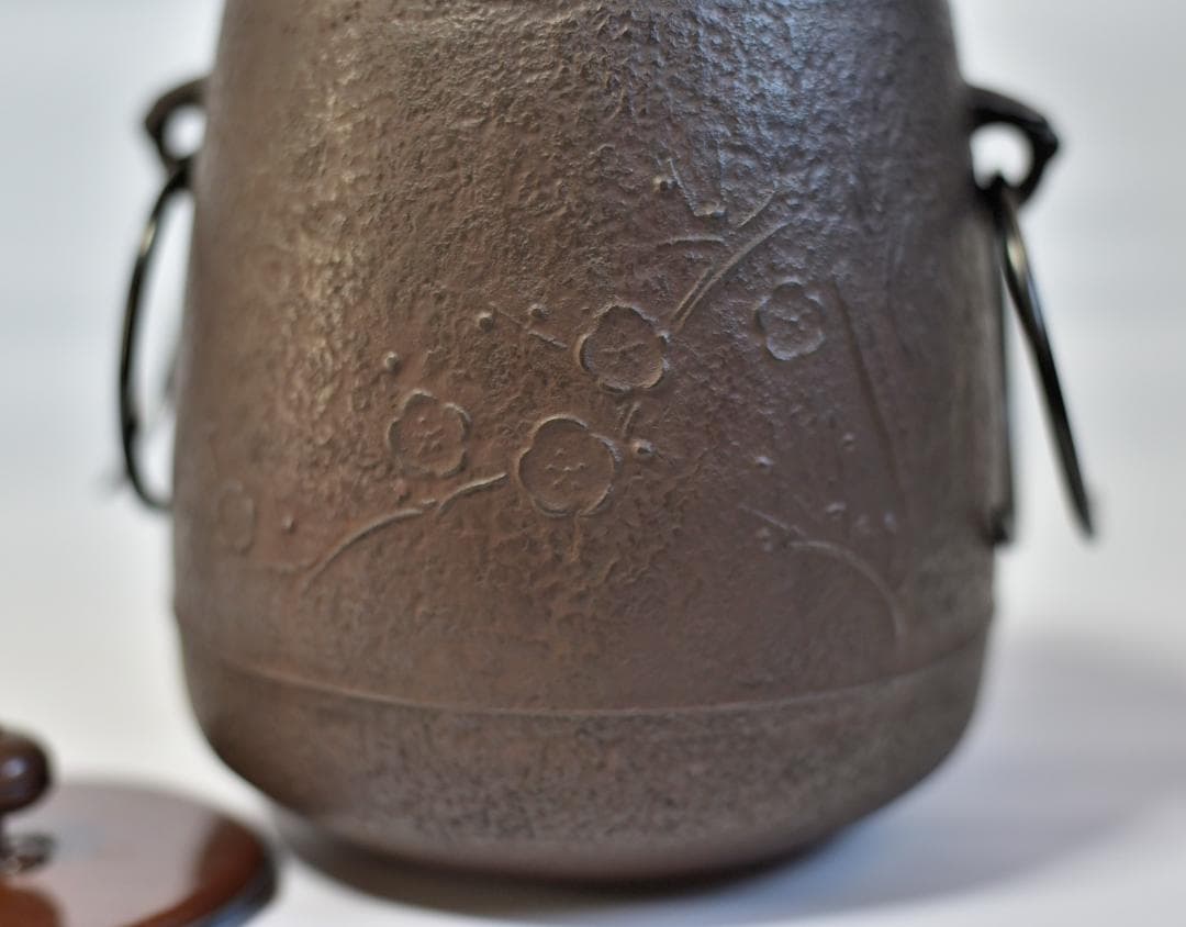 梅文筒型　茶釜【極上品】銅蓋　佐藤光男作　共箱　囲炉裏　茶道具