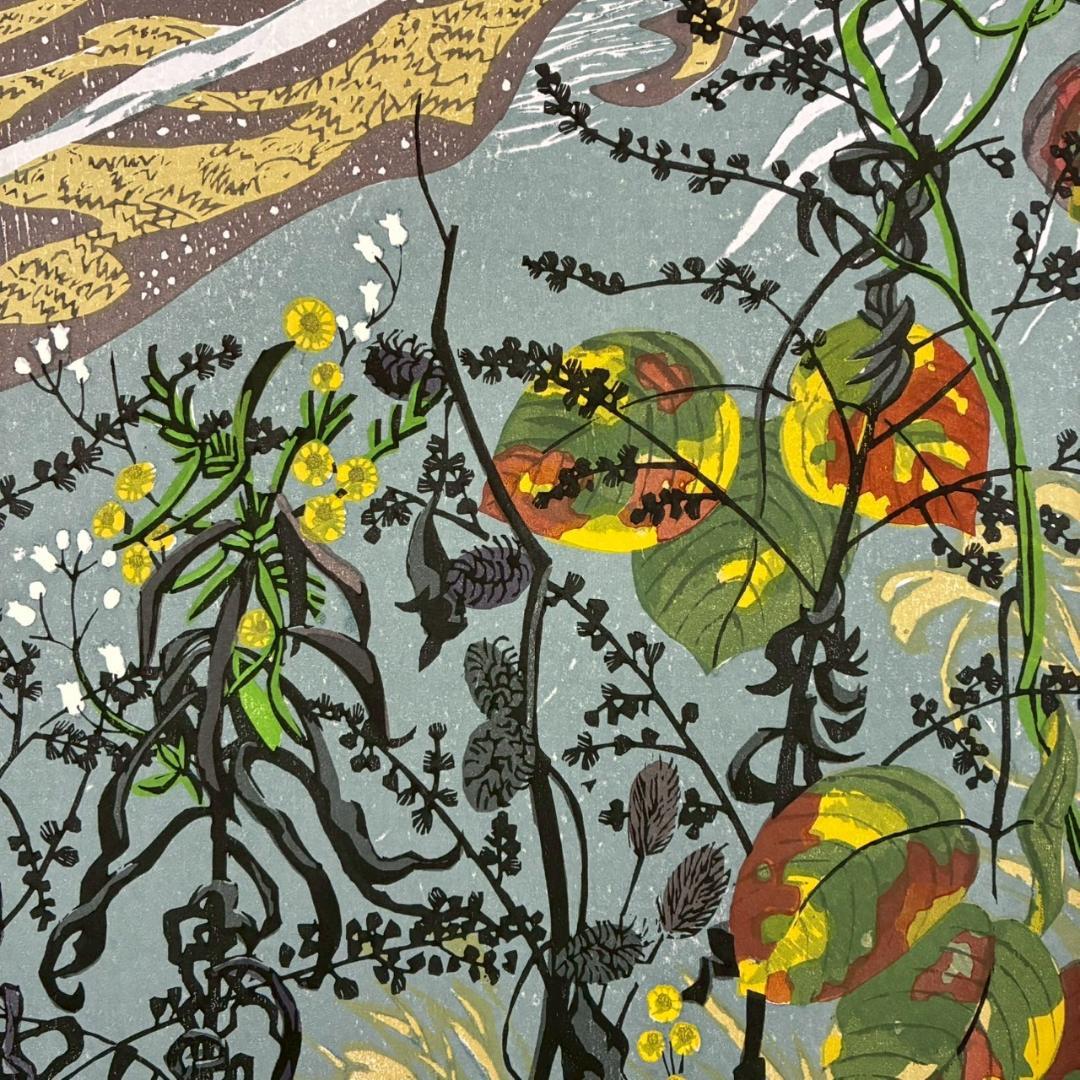 北岡文雄「犀川の秋」木版画 直筆サイン入り 1975年 解説書付属 お洒落な額装