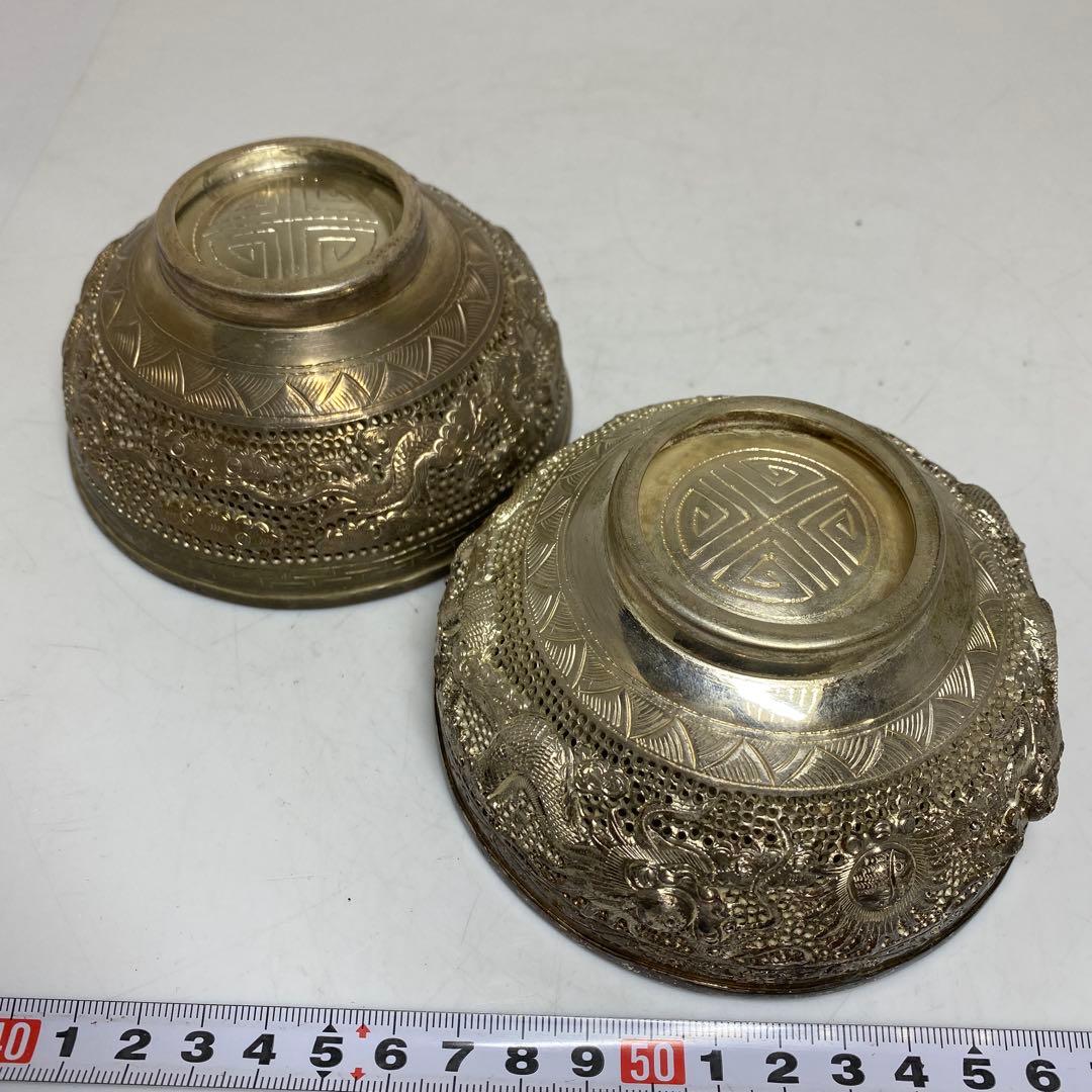 中国古玩　龍銀細工茶碗　2客　直径11.3㎝　521gタサオ　東な8-0104③