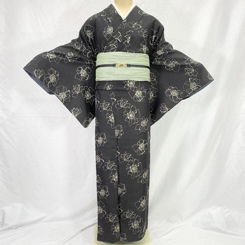511mk49☆洗える着物！小紋 モダン 抽象的な花 薄めの黒☆美品