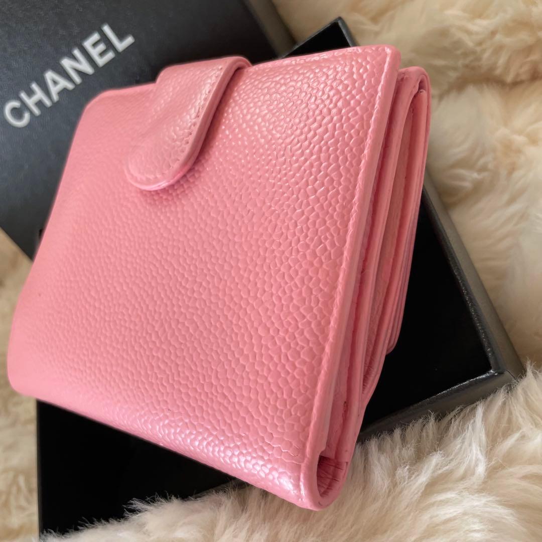シャネル CHANEL 財布 二つ折りピンク キャビア ココマーク 正規品
