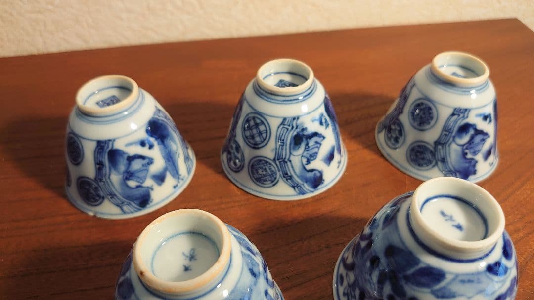 李朝　煎茶碗　染付　九谷焼　龍の図　古染付　アンティーク伊万里　５客