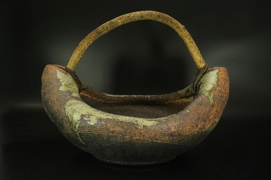 陶器 信楽 舟形 自然木 手付き 盛鉢 43.5cmx31.5cm(A342)