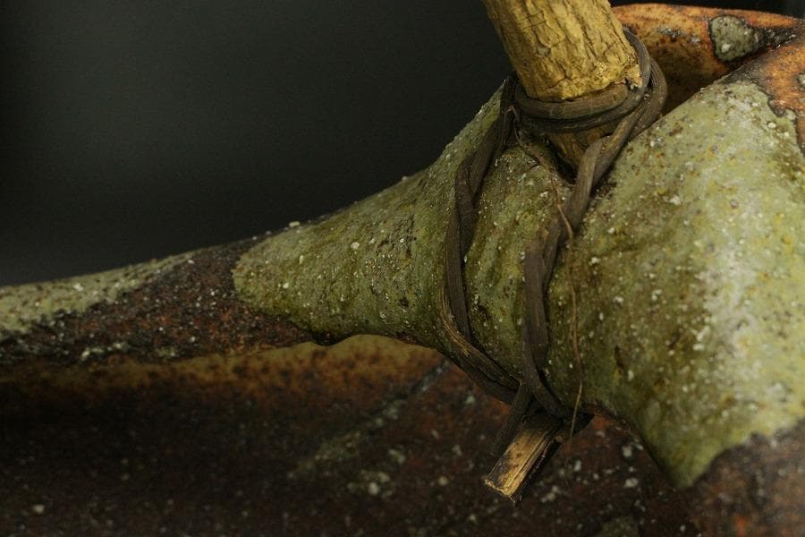 陶器 信楽 舟形 自然木 手付き 盛鉢 43.5cmx31.5cm(A342)