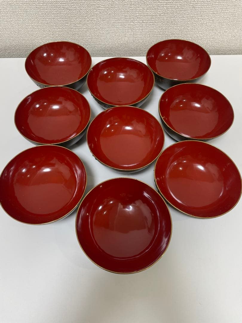 明治 大正期 会津塗 鉄錆塗 蒔絵 富士山 松 梅 木製 蓋付き お椀 内朱 ②