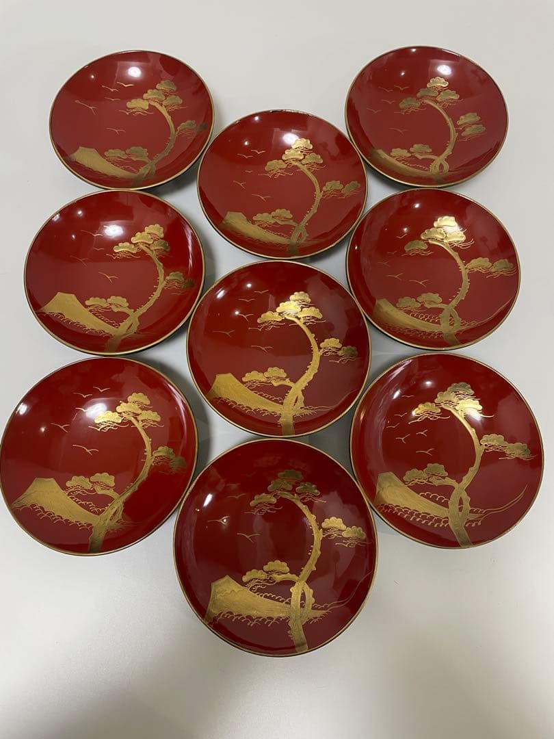 明治 大正期 会津塗 鉄錆塗 蒔絵 富士山 松 梅 木製 蓋付き お椀 内朱 ②