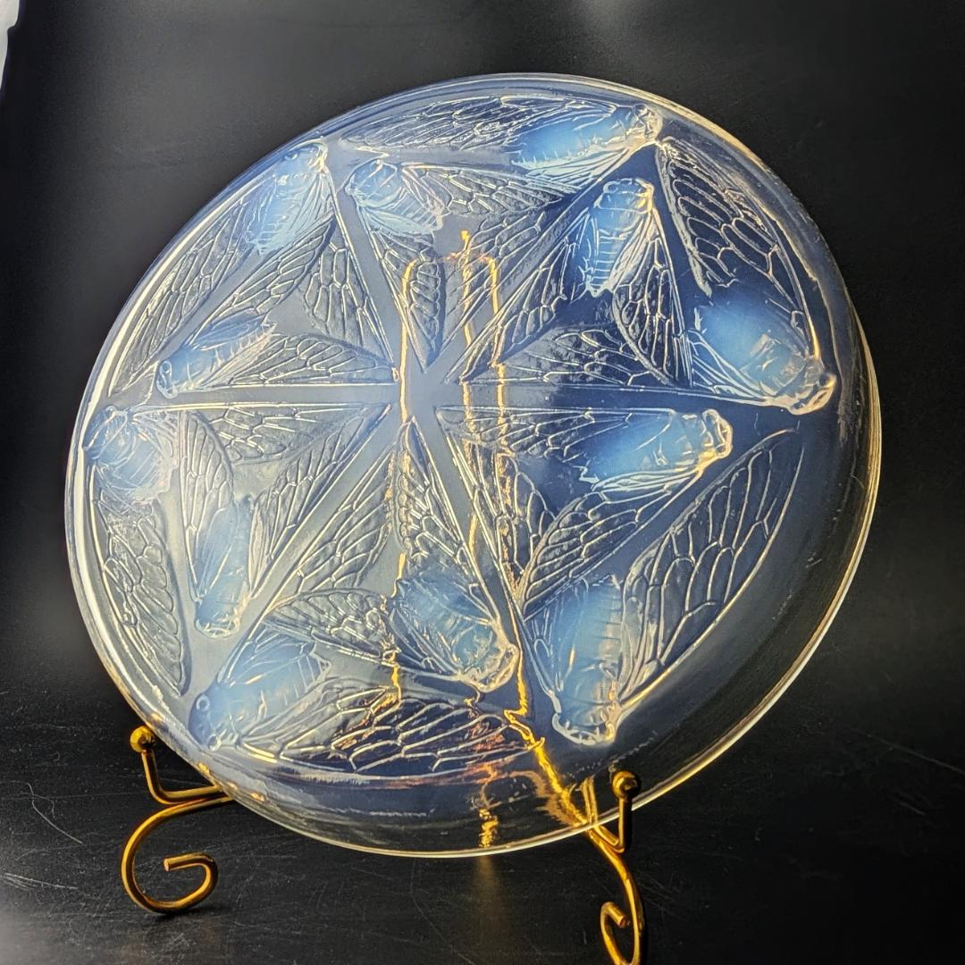 ラリックCigales 1921年セミ紋様26cm大蓋物 純正台座付　極希少