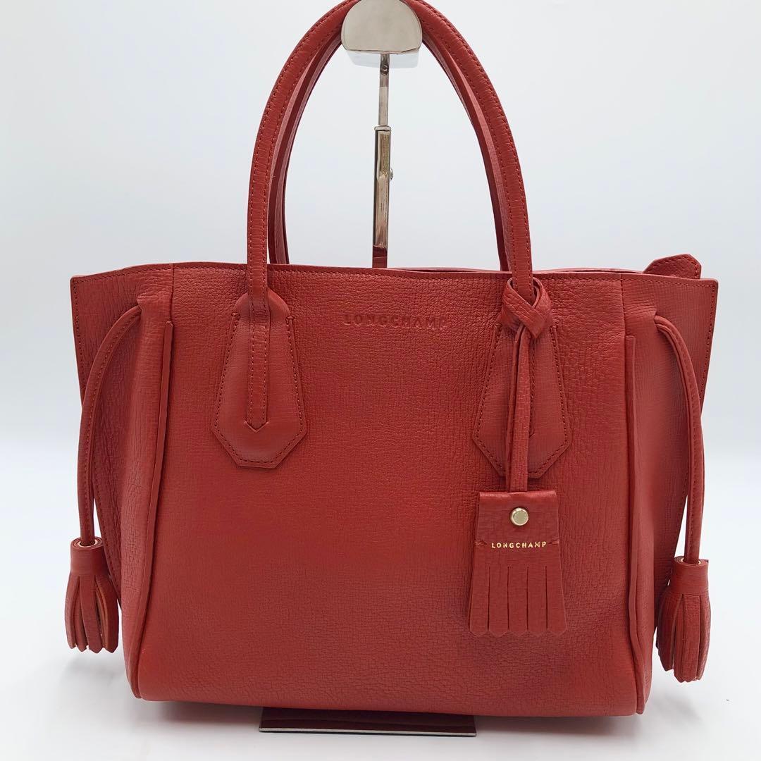 美品 ロンシャン ペネロペ シボ革 ハンドバッグ レザー 濃いオレンジ系