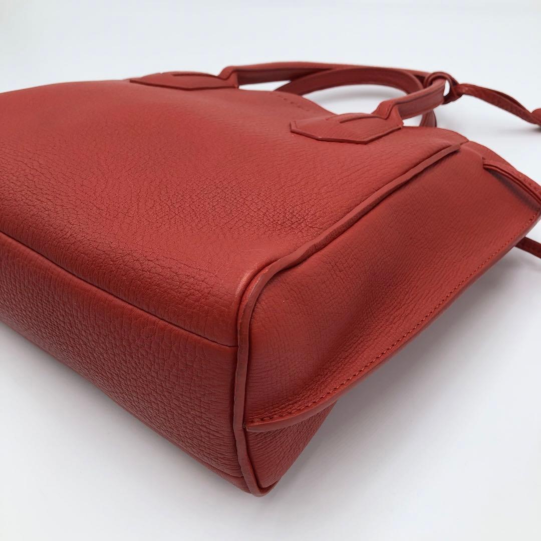 美品 ロンシャン ペネロペ シボ革 ハンドバッグ レザー 濃いオレンジ系