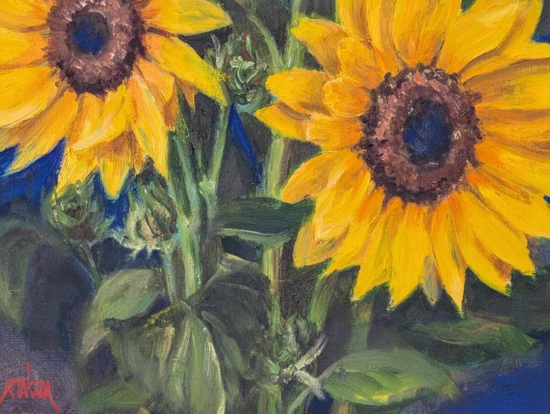 【真作】絵画　油彩6号　陽光に咲く向日葵たち　鮮烈な色彩　力強いタッチ　X145