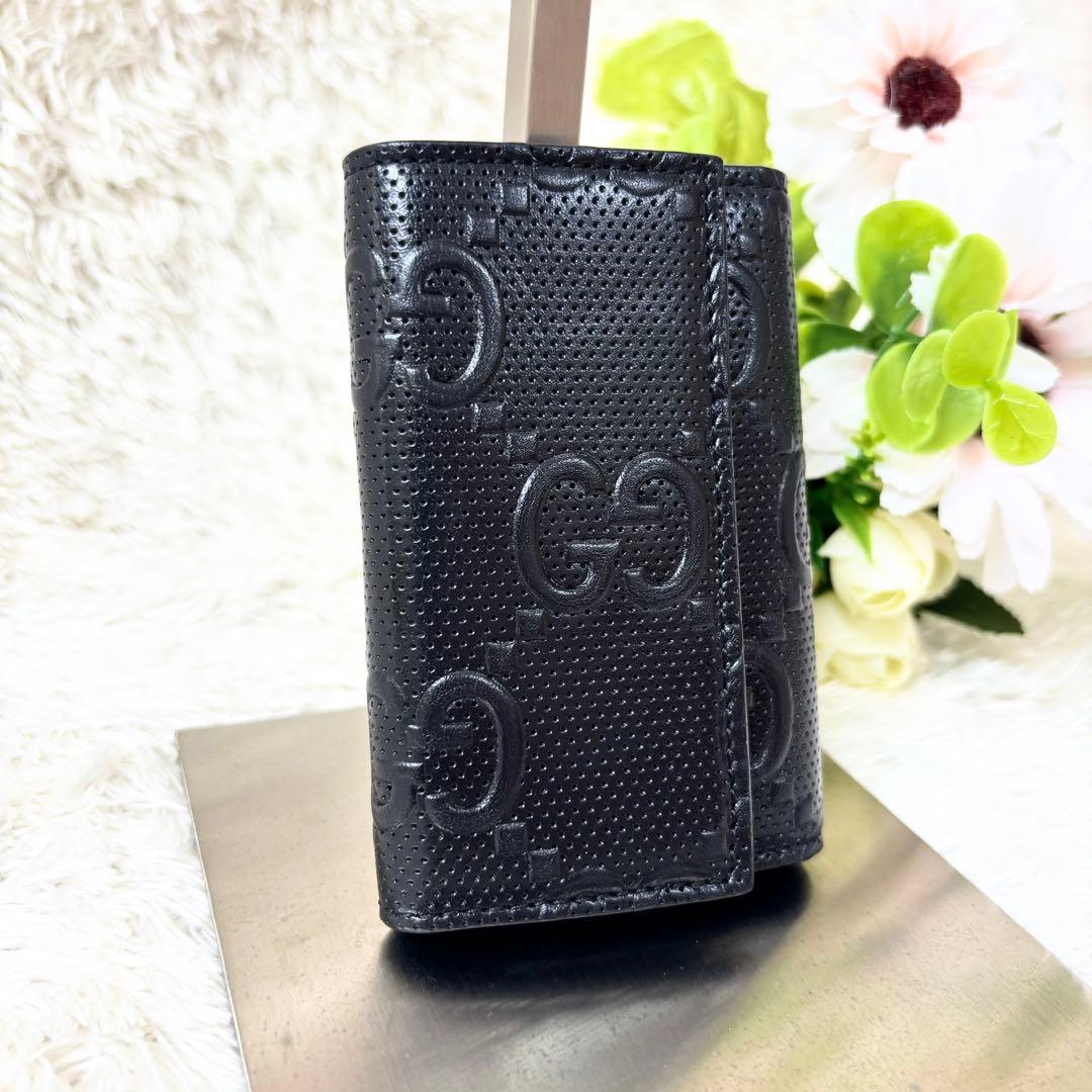 美品 グッチ エンボス ジャンボ GG 6連 キーケース キーリング ブラック