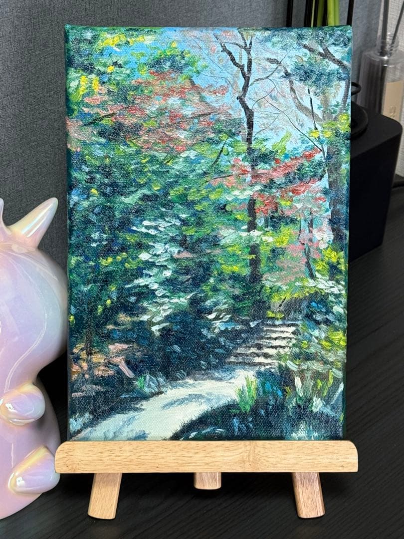 「林間の道」　手描き　油絵　風景画　原画　油彩画　印象派