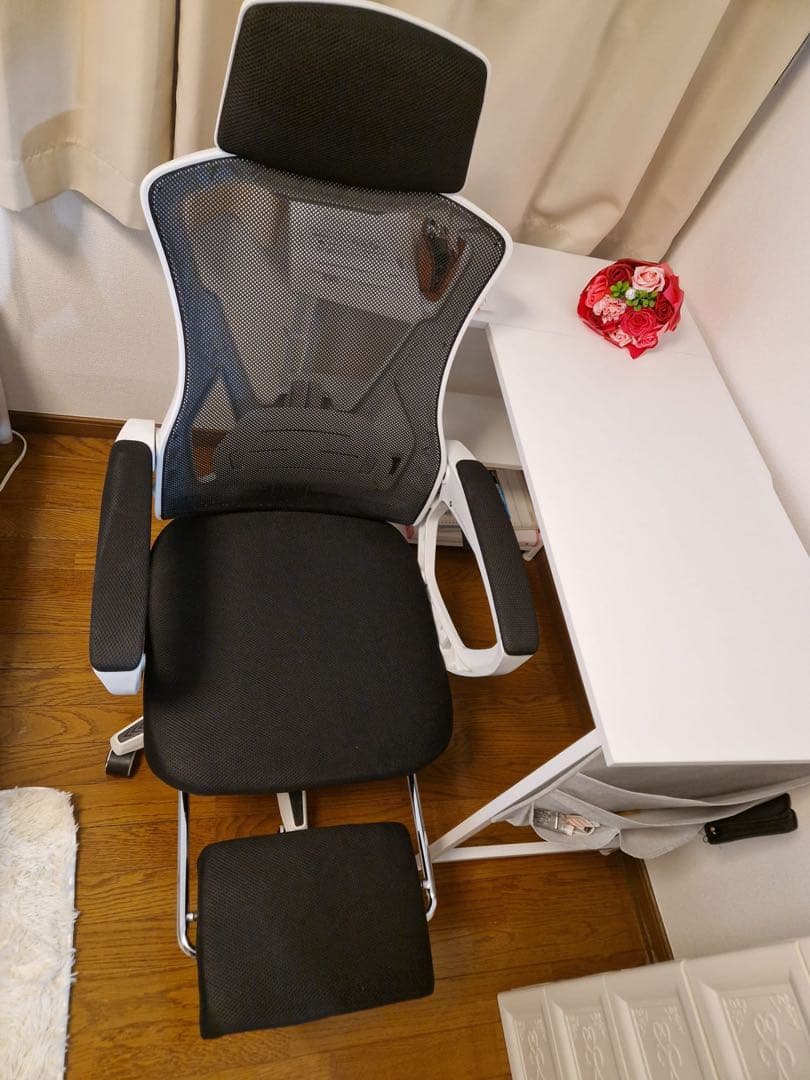 ホワイト L字型パソコンデスクとオフィスチェアセット