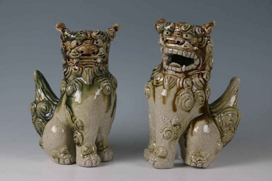 人間国宝一門　金城敏徳 作　緑釉立シーサー（大）1対