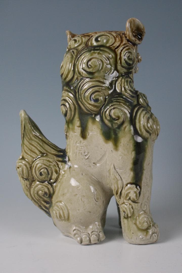 人間国宝一門　金城敏徳 作　緑釉立シーサー（大）1対